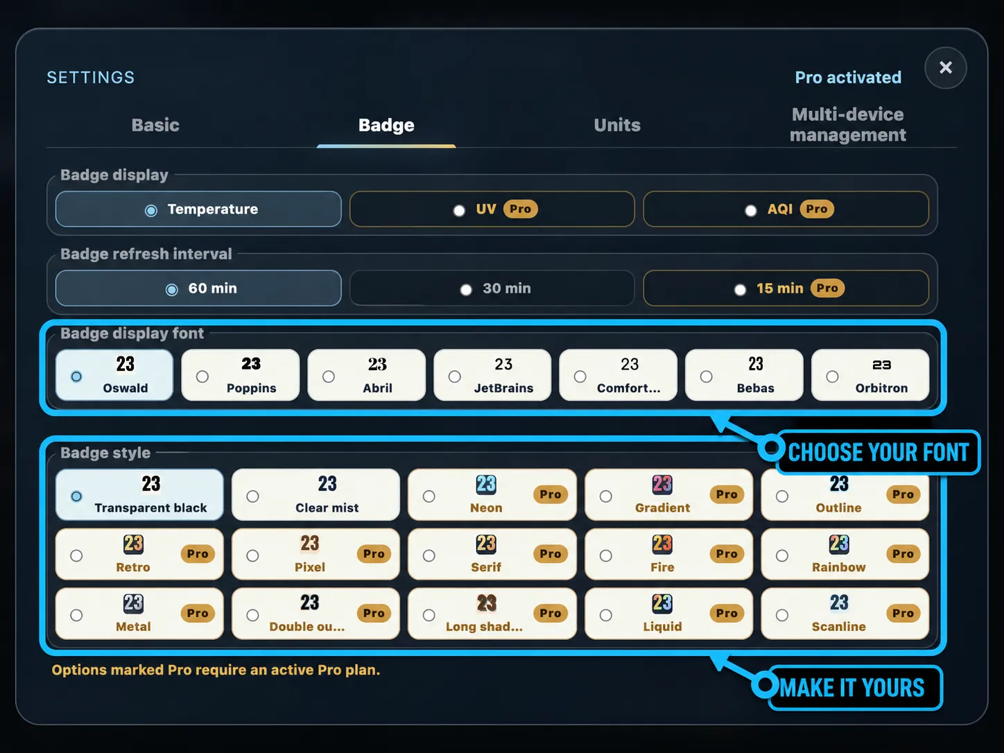 SkyFeels badge settings with annotated font and visual-style choices