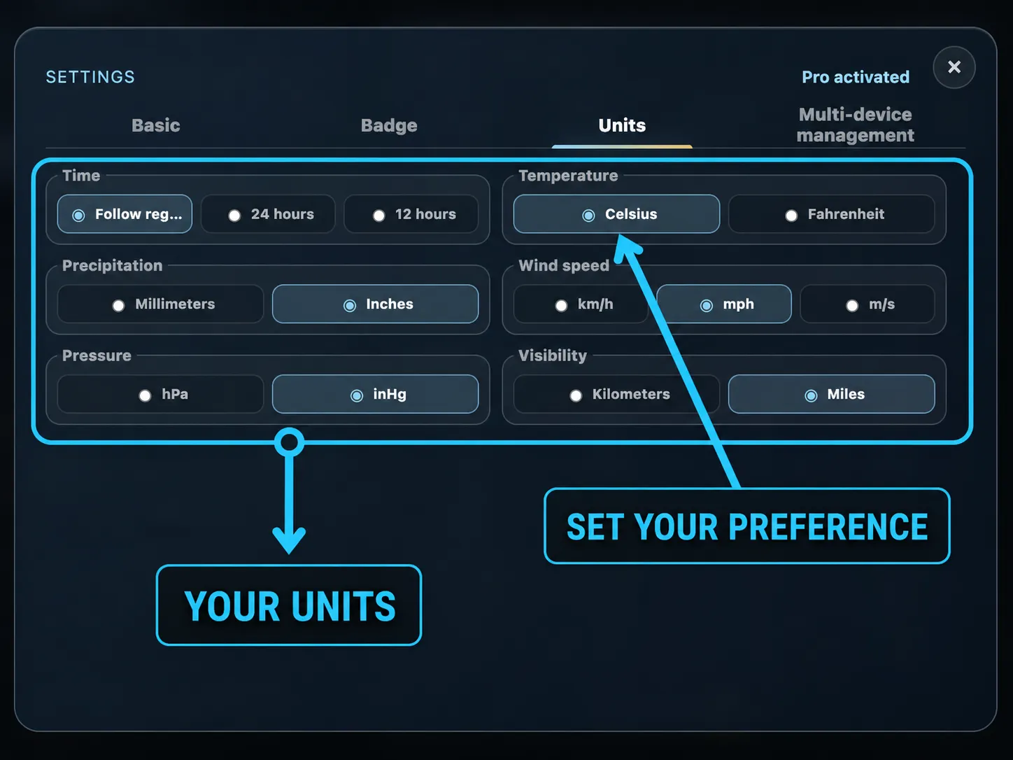 SkyFeels weather unit preferences